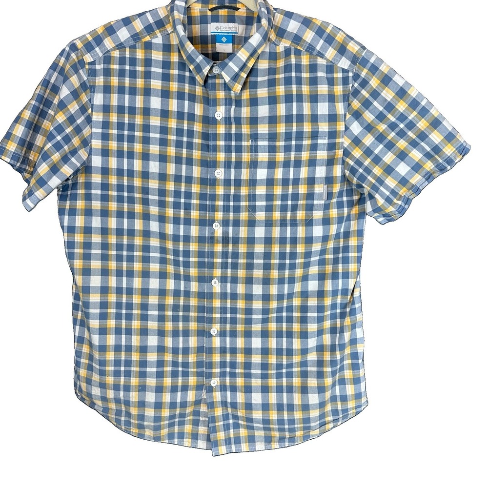 Columbia Men's L Plaid Blue Yellow White Button Up Short Sleeve Shirt Pockets